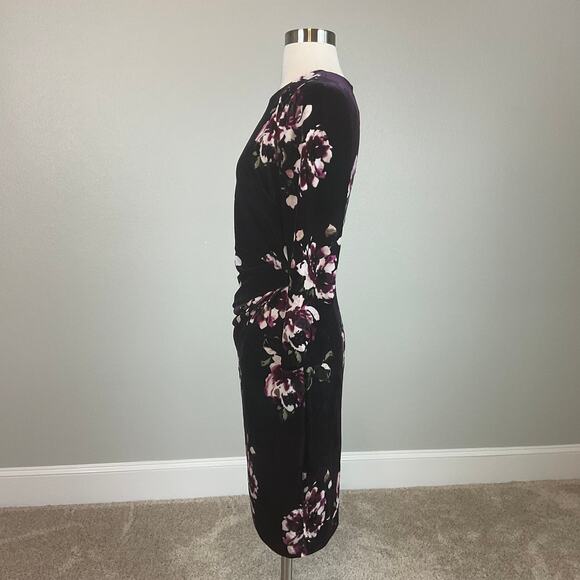 Vince Camuto Velvet Long Sleeve Floral Print Sheath Cocktail Dress Purple Size 8 - Picture 4 of 12